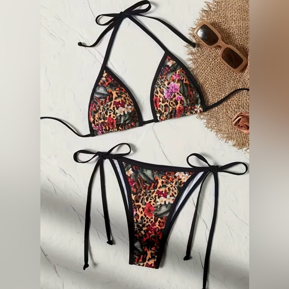 Multicolor Leopard Floral Print Halter Side Tie Cheeky Bikini Set